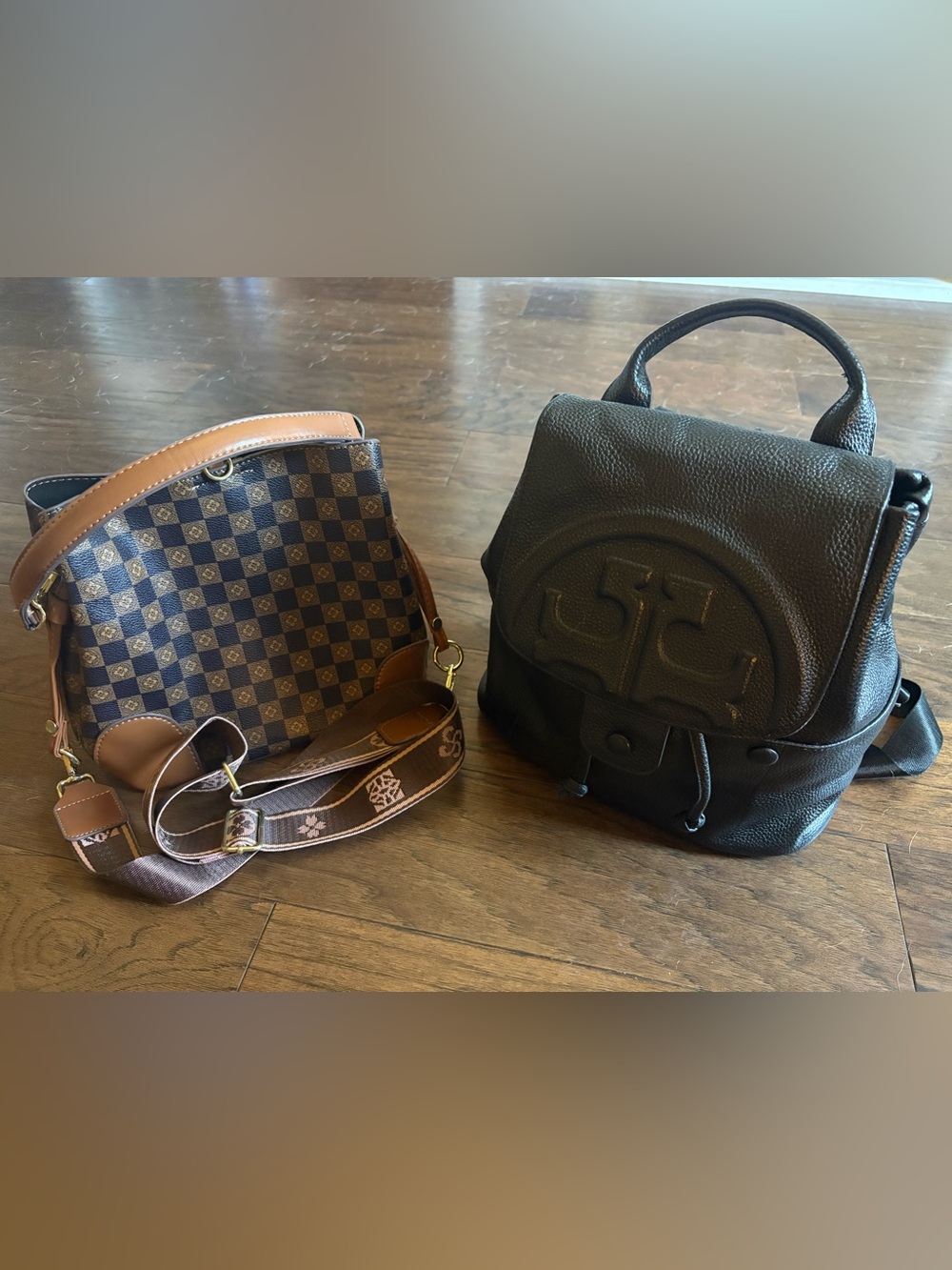 Brown Checkered Crossbody Bag with Branded Strap